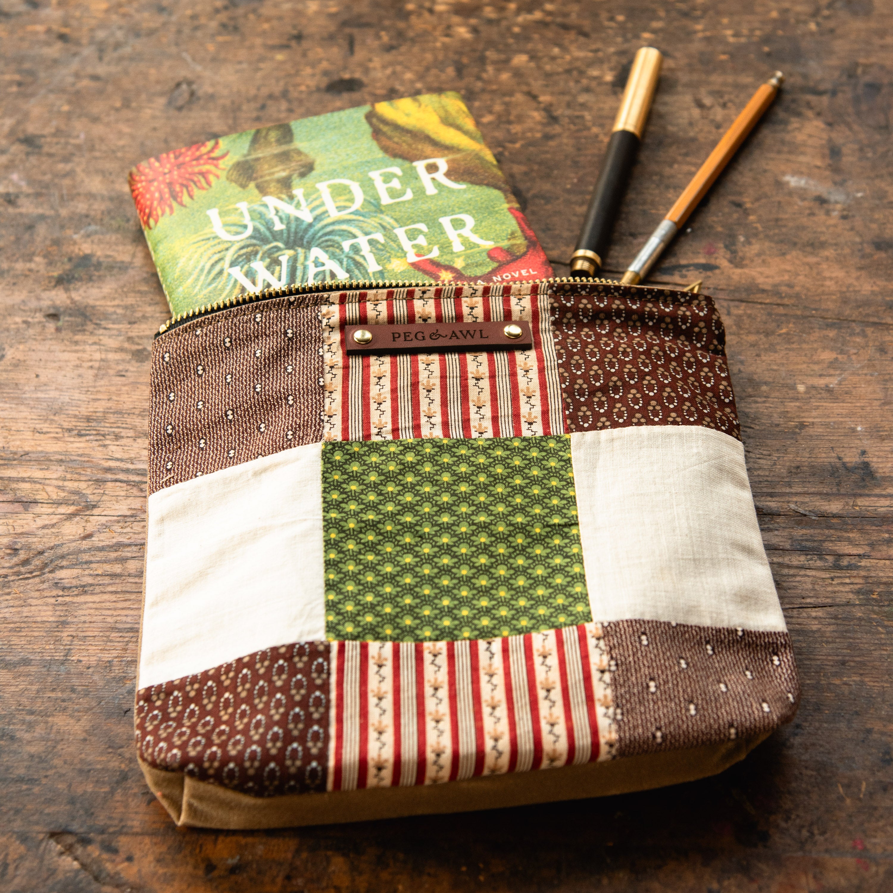 Large Pouch with Antique Orphan Squares and Pop of Green: Tally