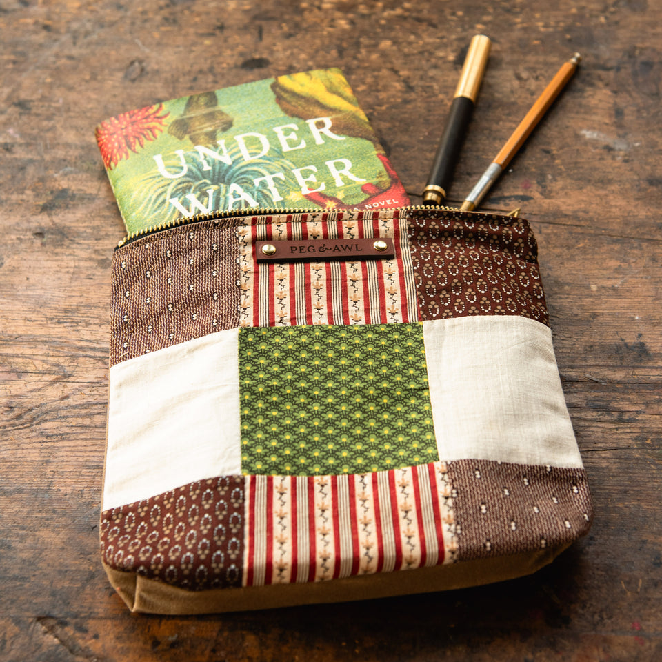 Large Pouch with Antique Orphan Squares and Pop of Green: Tally