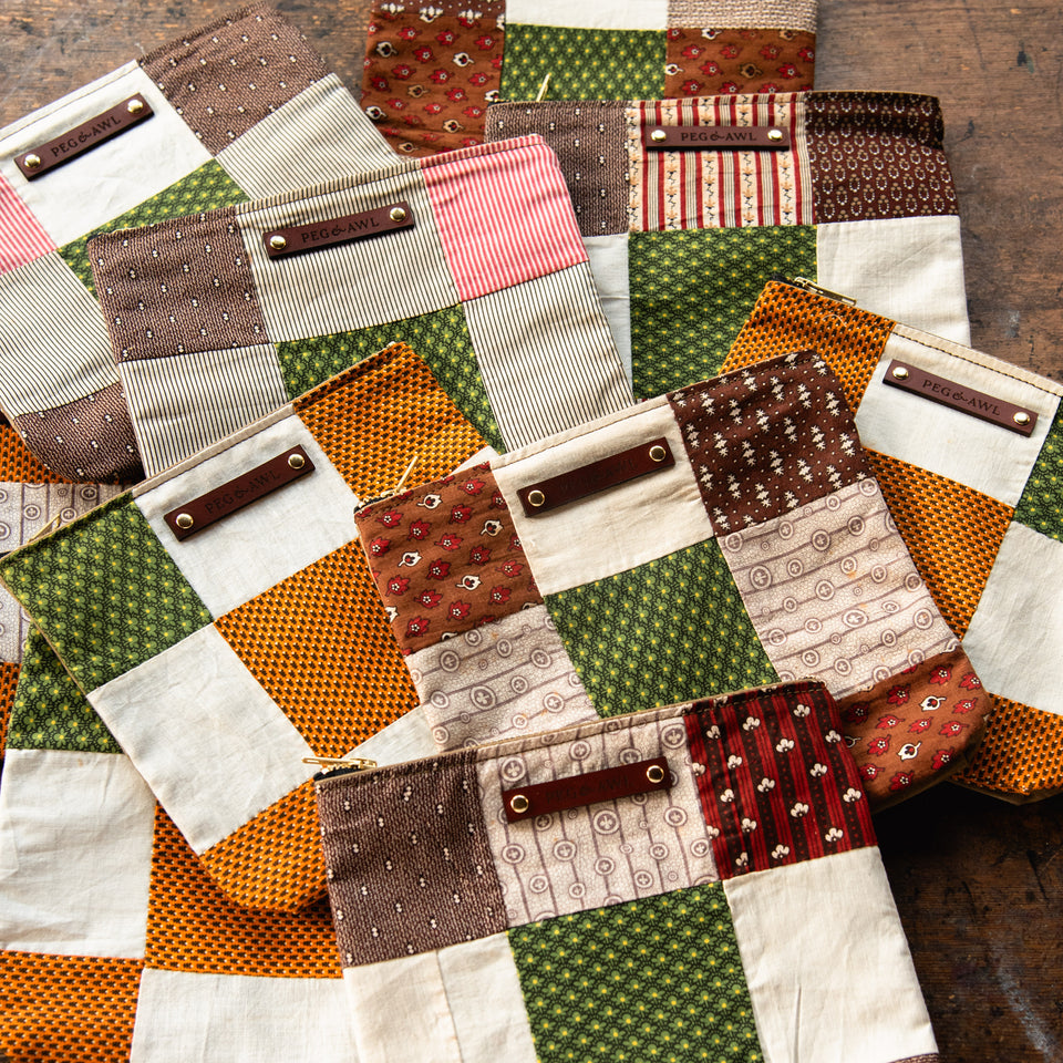Large Pouch with Antique Orphan Squares and Pop of Green: Tally