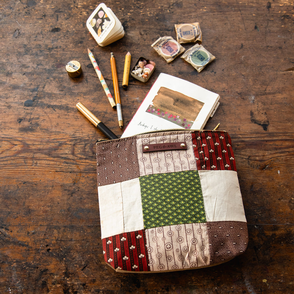 Large Pouch with Antique Orphan Squares and Pop of Green: Tally